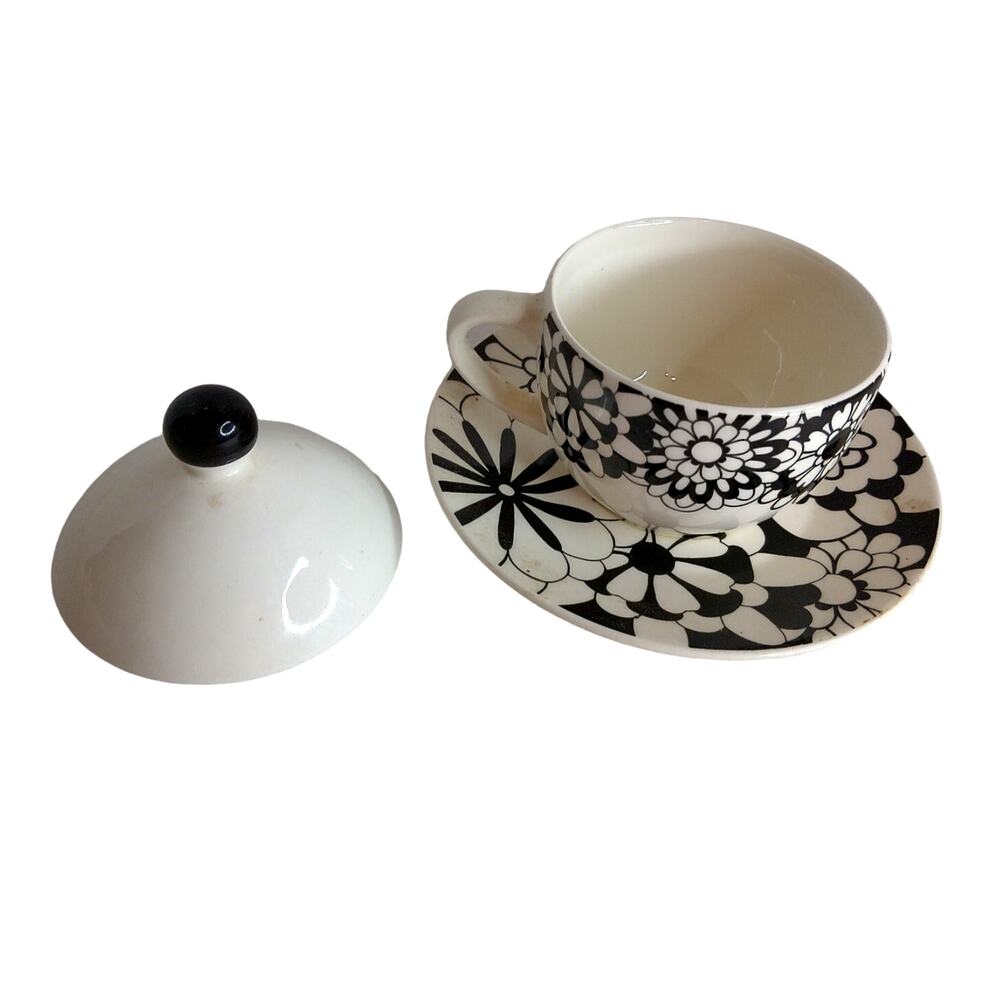 Missoni Home Bianco Nero Cup Saucer & Lid Set Black White Floral Italy RARE 2006